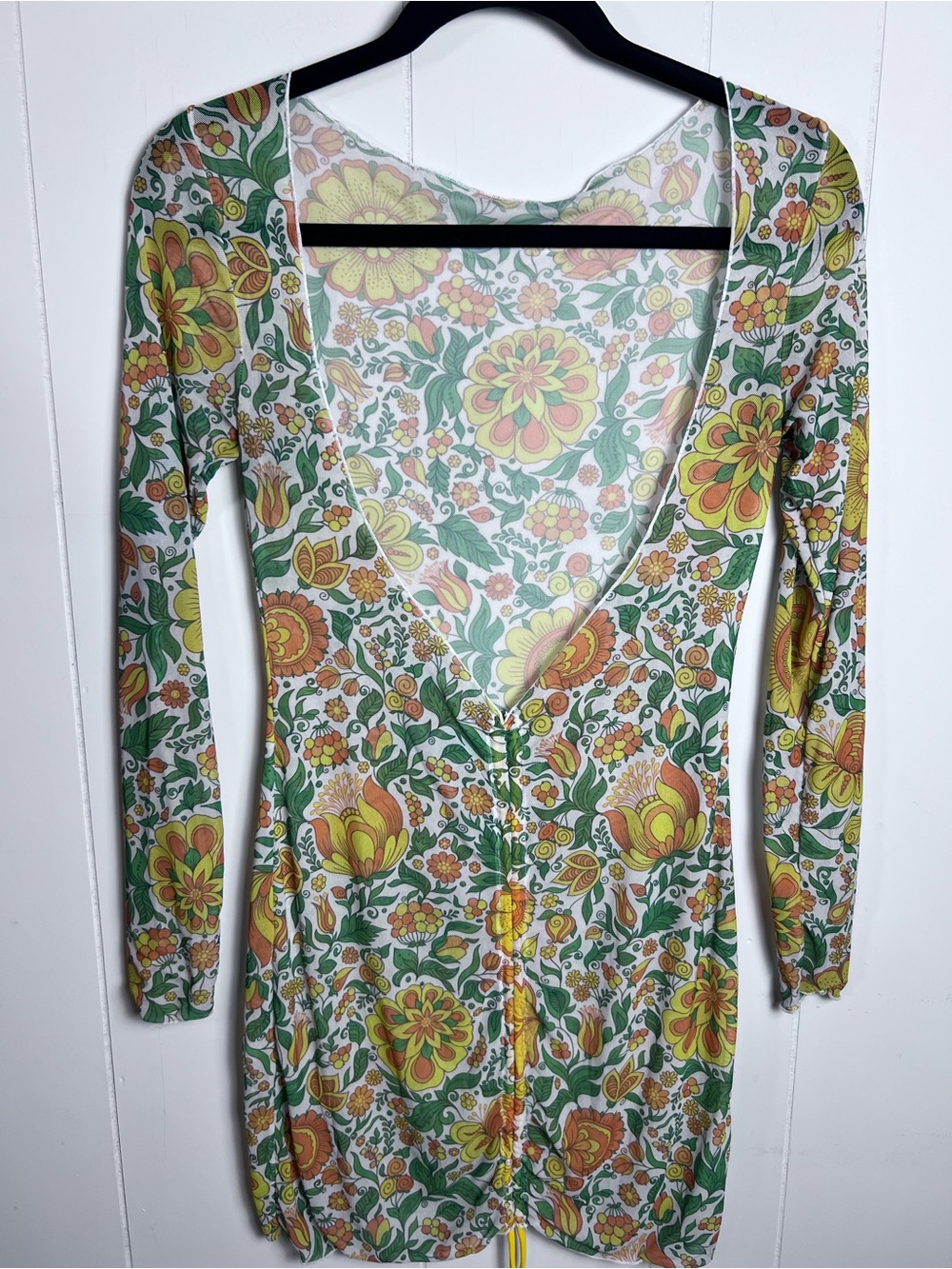 Retro Hippie Mesh Floral Long-Sleeve Mini Sheer Dress Deep V Back - Picture 4 of 14